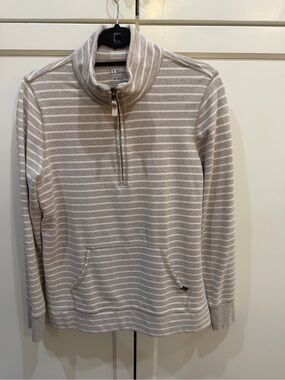L.L. Bean Women's Beige and White Striped Quarter-Zip Funnel Neck Sweater